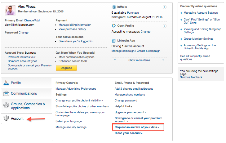 LinkedIn Request an archive of your data